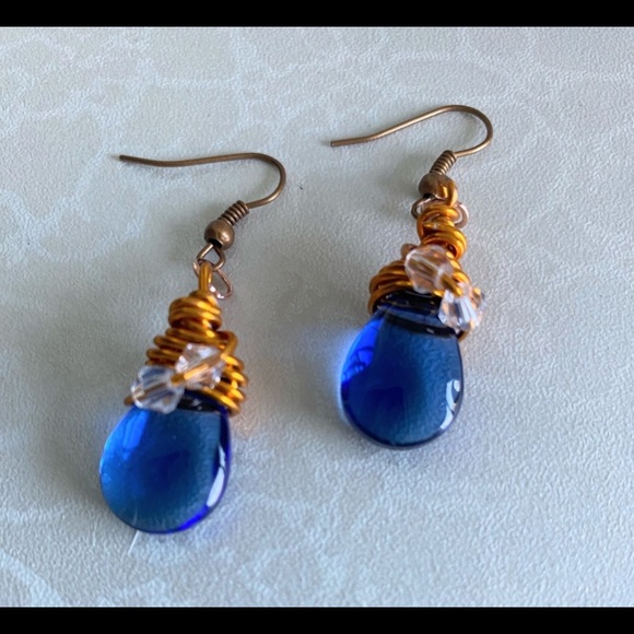 Hand Crafted Jewelry - Blue Teardrop Czech Glass Wire-Wrapped Dangle Earrings